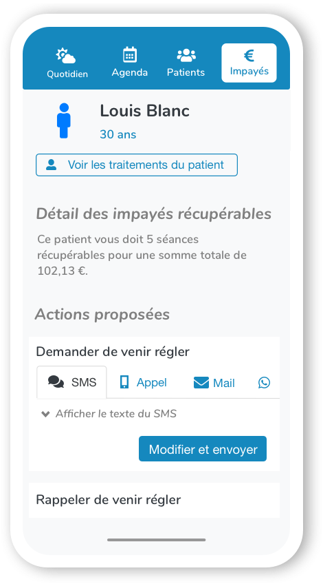 Page du détail des impayés d'un patient