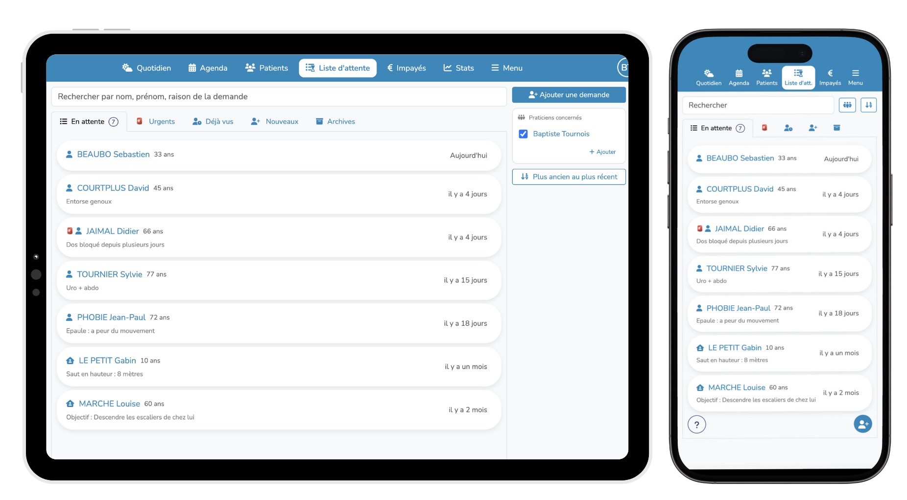 Liste d'attente de Gustave sur tablette et téléphone